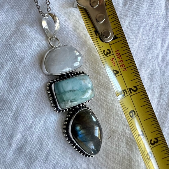 925 Trifecta Rainbow Flash Moonstone + Larimar + Labradorite Pendant Necklace - Picture 4 of 9